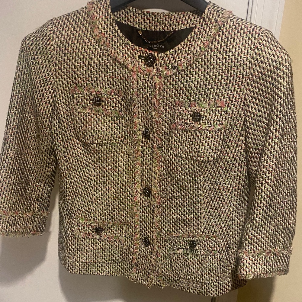 Petite S  Classic Textured Tweed button up blazer jacket Y2K  8P preppy unique!